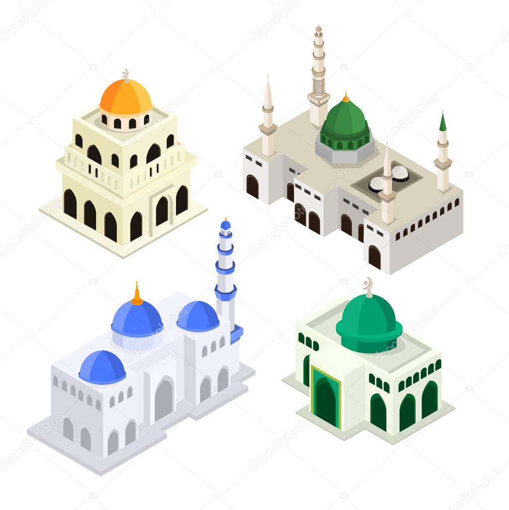 Set Mosque Islamic Worship Building Isometric Flat 3D Vector Illustration