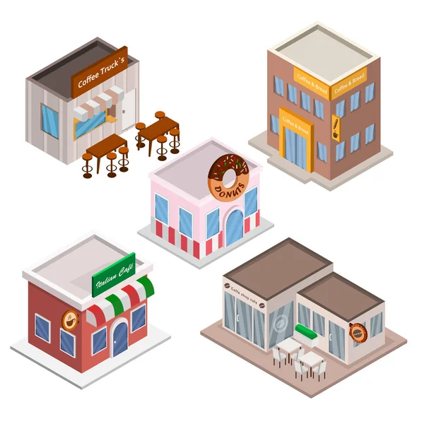 Set Coffee Shop Cafe Illustration Isometric Vector — Stock Vector
