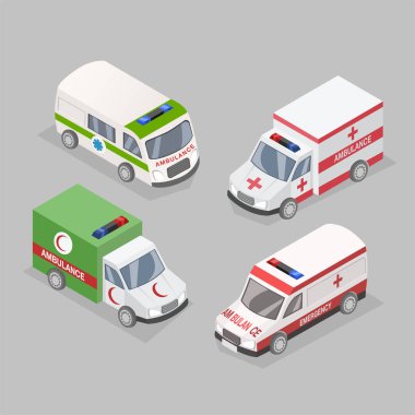 Ambulans acil araba izometrik vektör çizim ayarla