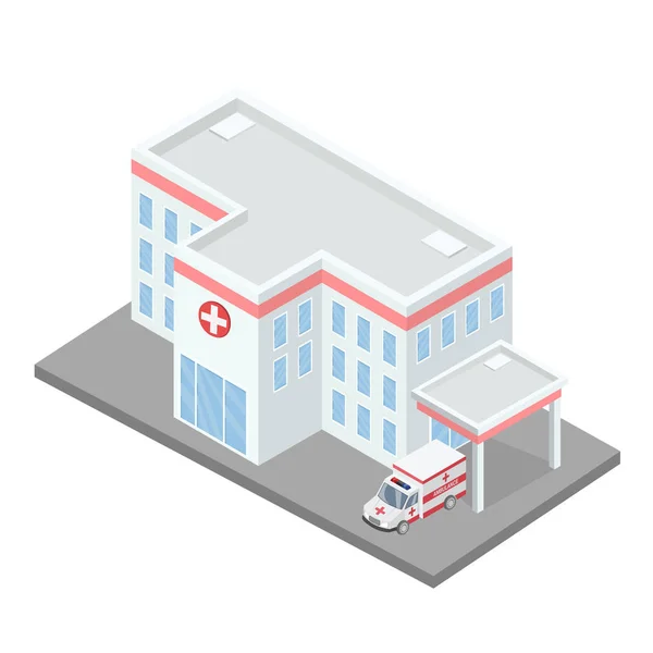 Больничное Здание Векторной Изометрической Иллюстрацией Автомобиля Скорой Помощи — стоковый вектор