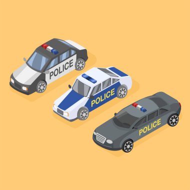 Ayarla polis araba izometrik illüstrasyon vektör düz 3d