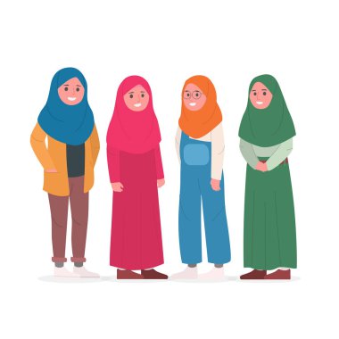 Casual Hijab peçe düz Doodle vektör çizim giyen genç Müslüman kadın gurup