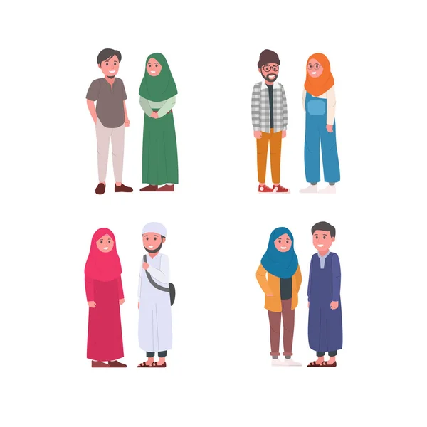 Sada Mladých Muslimských Pár Doodle Vektorové Ilustrace — Stockový vektor