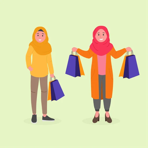 Dua Gadis Hijab Happy Shopping Together Vector Doodle Illustration - Stok Vektor