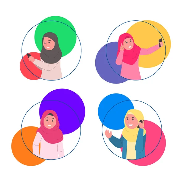 Kleurrijke Avatars Leuk Hijab Meisje Pictogram Aangezet Afgeronde Vorm Vectorillustratie — Stockvector