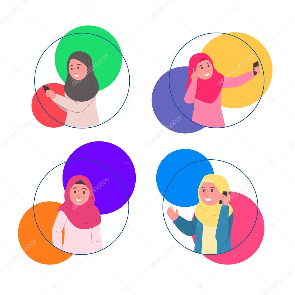 Set Colourful Avatars Cute Hijab Girl Icon on Rounded Shape Vector Illustration