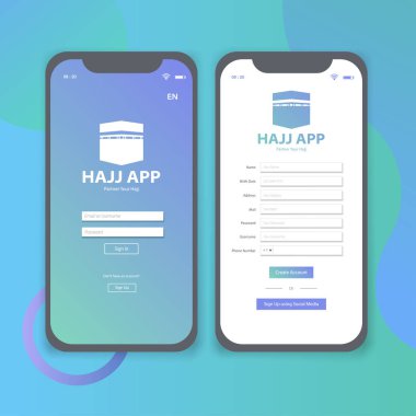 Hac App oturum açma ve kayıt sayfası Mobil Kullanıcı arayüzü şablonu vektör çizim