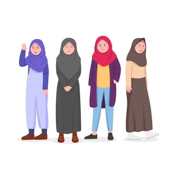 Set Illustration Gadis Muda Mengenakan Baju Kasual Veil Karakter Vektor - Stok Vektor