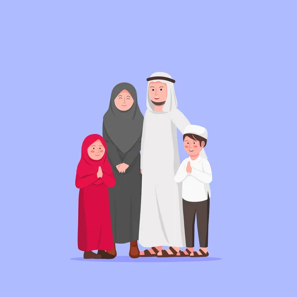 Familia Musulmana Árabe Feliz Dibujos Animados Vector Ilustración — Vector de stock