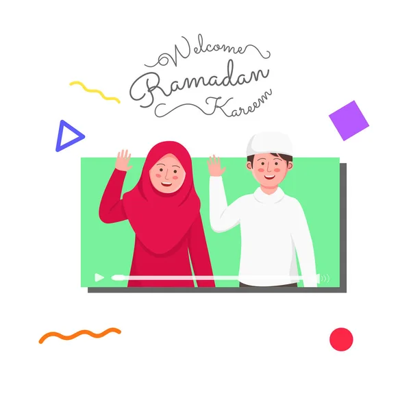 Bem Vindo Ramadan Kareem Saudação Cartão Poster Ilustração Duas Crianças — Vetor de Stock