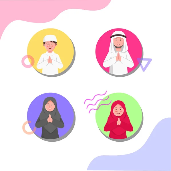 Set Avatar Symbol Arabisch Muslimische Familie Gestikuliert Gebet Hand Vektor — Stockvektor