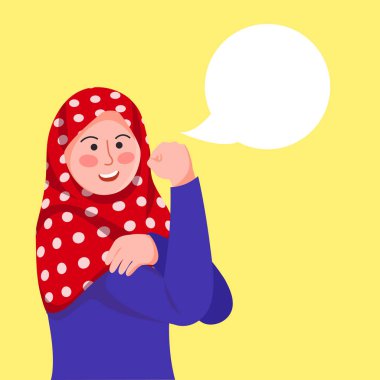 Hijab kız pozlar, Rosie tarafından ilham Riveter boş Baloon metinle yapabiliriz çizgi film illüstrasyon vektör