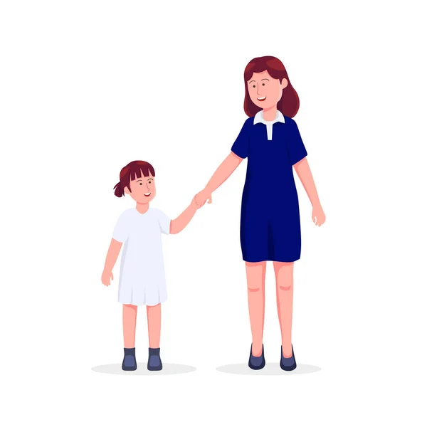 Happy Mothers Day Mother Daughter Together Holding Hands Character Cartoon — стоковый вектор