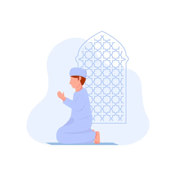 Muslim Man Praying Window Mosque Ramadan Kareem Flat Illustration Vector — Stock Vector
