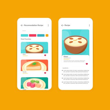 Yemek tarifleri UI tasarım vektör çizim şablonu kitleri