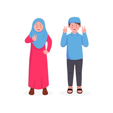 Sevimli küçük çocuk kız ve erkek Müslüman Gesturing barış Işareti, Iki parmak. Düz vektör karikatür Illustration 