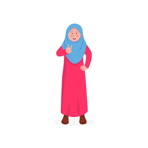 Sevimli Küçük Hijab Kız Gesturing Barış Işareti Vektör Karakter Karikatür — Stok Vektör