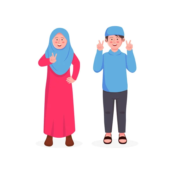 Cute Little Kids Girl Dan Boy Muslim Gesturing Peace Sign - Stok Vektor