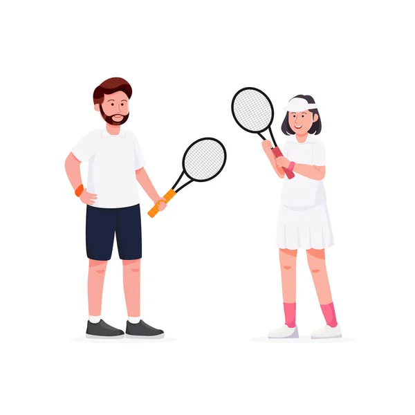 Athlète Tennis Homme Femme Design Caractère Illustration Vectorielle Bande Dessinée — Image vectorielle