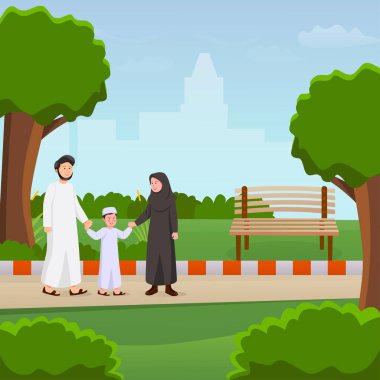 Mutlu genç Arap Aile, baba anne ve oğul yürüyüş birlikte içinde Park karikatür Illustration