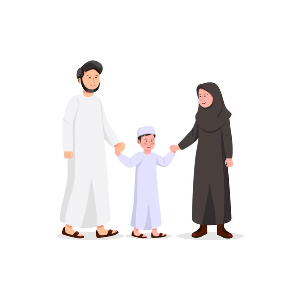 Familia Árabe Feliz Padre Madre Hijo Caminando Juntos Ilustración Dibujos — Vector de stock