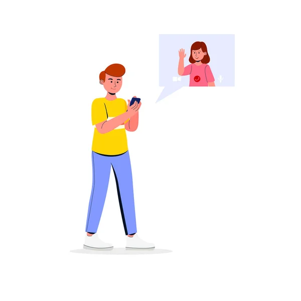 Jonge Man Lopen Met Gadget Videovraag Met Vrouw Vlakke Afbeelding — Stockvector