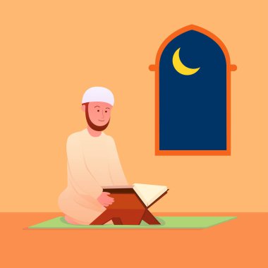 Müslüman Adam Kur'an Okuyan, İslam Kutsal Kitap İllüstrasyon Sonra