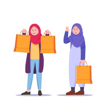  Hijab Genç Kız Alışveriş İllüstrasyon Karikatür