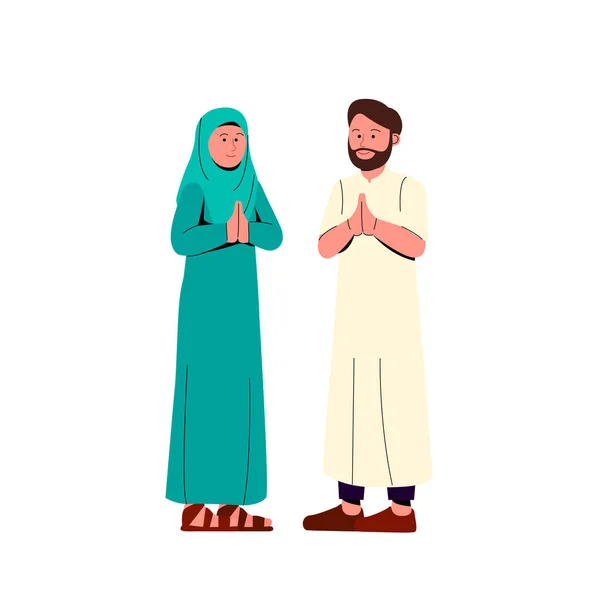 Muszlim Pár Gesturing Imádkozó Kéz Üdvözlő Eid Mubarak Rajzfilm Illusztráció — Stock Vector