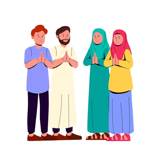 Group Young Muslim Greeting Eid Mubarak Cartoon Illustration — Stock Vector