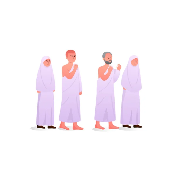 Family Hajj Ihram Wearing Ihram Illustration Cartoon — Stock Vector