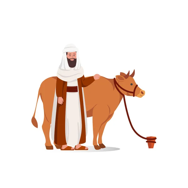 Araber Mit Nutzkuh Für Eid Adha Opfer Cartoon Illustration — Stockvektor