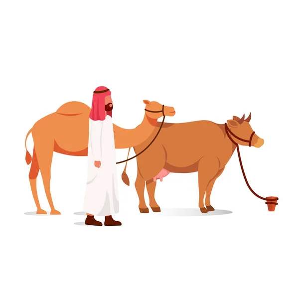 Eid Adha Mubarak Arabian Man His Animal Farm Sacrifice Festival — Vector de stock