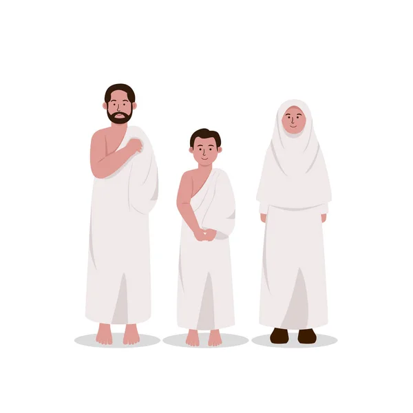 Conjunto Familia Musulmana Con Ihram Ilustración Dibujos Animados Vestido Hajj — Vector de stock