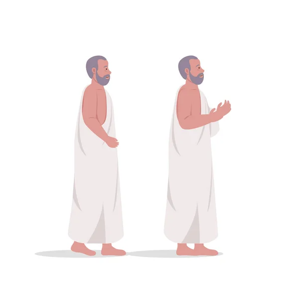 Hombre Usando Ihram Vestido Hajj Orando Ilustración Personaje Dibujos Animados — Vector de stock