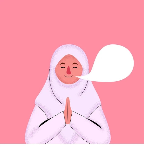 Cute Girl Illustration Wearing Hijab Greeting Blank Baloon Flat Doodle - Stok Vektor