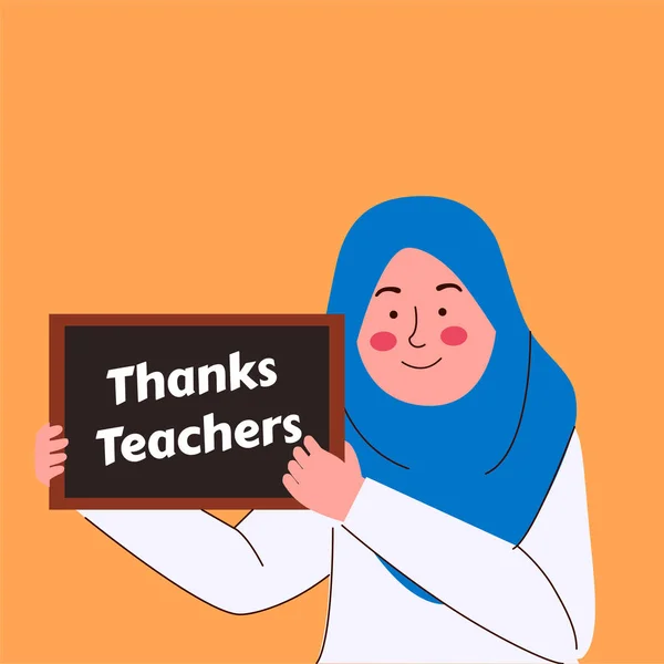 Liten Muslim Flicka Höll Skylt Som Säger Tack Lärare Söt — Stock vektor