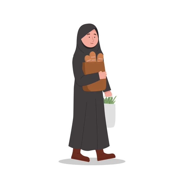 Heureuse Fille Arabe Portant Épicerie Après Avoir Fait Shopping Illustration — Image vectorielle