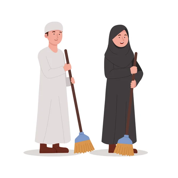Arabskie Dzieci Niosące Miotłę Czyszczenia Ilustracji Kreskówki — Wektor stockowy