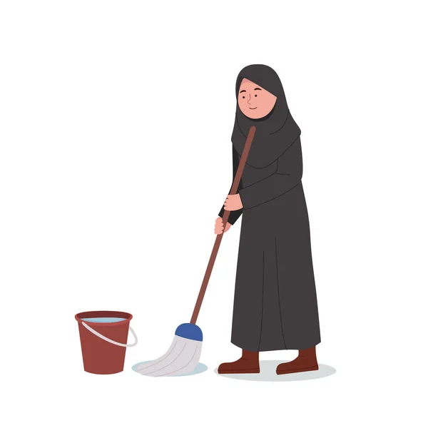 Roztomilý Malý Arabský Dívka Čištění Podlahy Domácí Karikatura Ilustrace — Stockový vektor