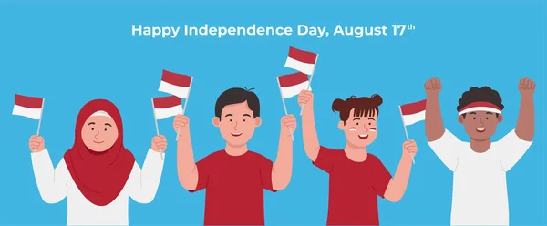 Skupina Šťastných Dětí Slaví Indonéský Národní Den Den Nezávislosti Karikatury — Stockový vektor