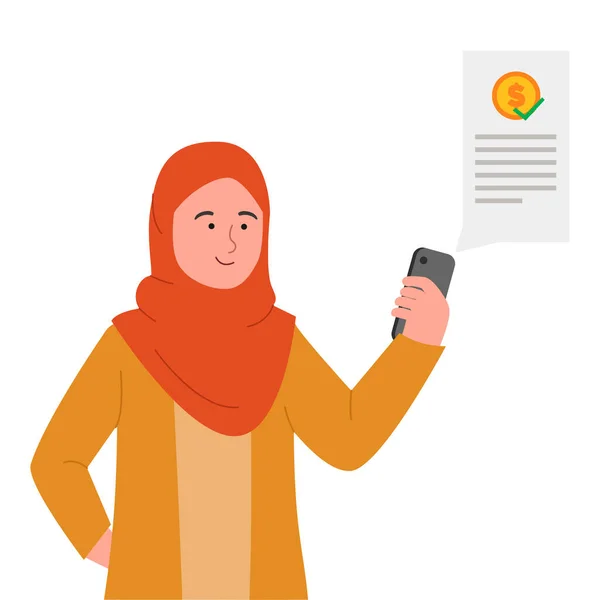 Young Hijab Woman Using Phone Digital Transaction Online Flat Illustration — 스톡 벡터