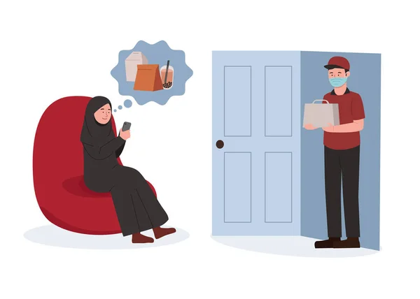 Арабский Хиджаб Женщины Заказывающие Еду Онлайн Концепция Иллюстрации Мультфильм — стоковый вектор