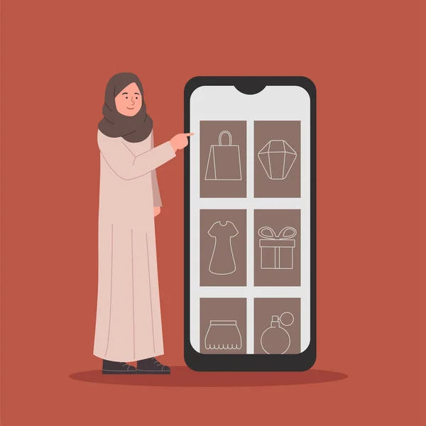 Hijab Young Woman Shopping Using Gadget Marketplace App Concept Illustration — 스톡 벡터