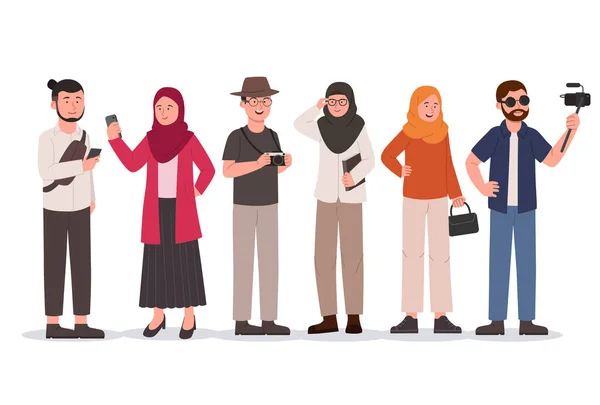 Set Young Group Hipster Man Hijab Woman Flat Illustration — стоковий вектор