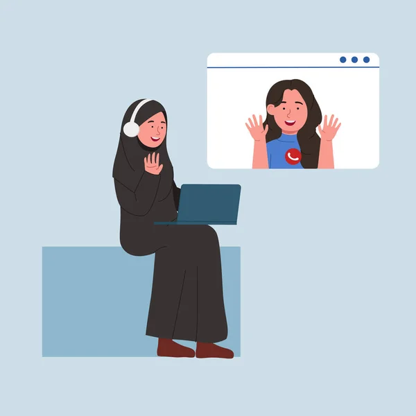 Gelukkig Arabisch Vrouwen Videogesprek Met Vriend Platte Cartoon Illustratie — Stockvector