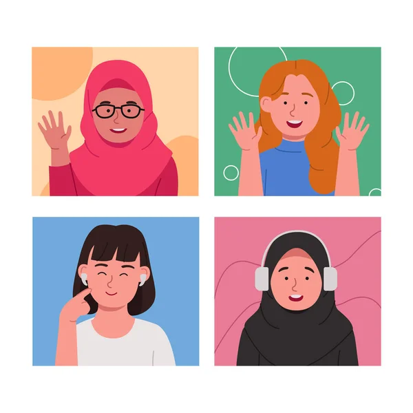 Grupo Mujeres Jóvenes Videollamadas Plana Ilustración Dibujos Animados — Vector de stock