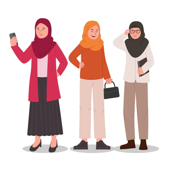 Grup Set Gadis Hijab Kasual Ilustrasi Kartun Datar - Stok Vektor