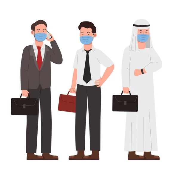 Ensemble Nouveaux Employés Bureau Normaux Homme Affaires Portant Masque Illustration — Image vectorielle