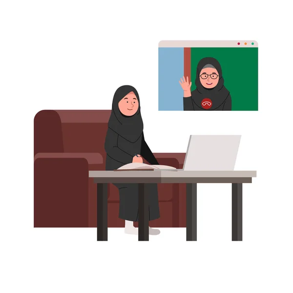 アラビア語の小さな女の子オンラインクラスビデオ通話の先生と家で勉強 — ストックベクタ